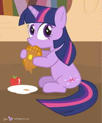 Size: 820x988 | Tagged: safe, artist:dm29, character:twilight sparkle, character:twilight sparkle (unicorn), species:pony, species:unicorn, apple, cute, eating, female, food, looking at you, solo, waffle