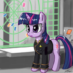 Size: 900x900 | Tagged: safe, artist:johnjoseco, character:twilight sparkle, character:twilight sparkle (unicorn), species:pony, species:unicorn, battlestar galactica, clothing, female, frown, mare, radar, solo