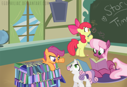 Size: 1800x1238 | Tagged: dead source, safe, artist:egophiliac, character:apple bloom, character:cheerilee, character:scootaloo, character:sweetie belle, species:earth pony, species:pegasus, species:pony, species:unicorn, episode:call of the cutie, g4, my little pony: friendship is magic, adorabloom, apple, apple bloom's bow, book, book fort, book hat, bow, butterfly, chalk, chalkboard, cheeribetes, classroom, colored pupils, curtains, cute, cutealoo, cutie mark crusaders, diasweetes, female, filly, foal, food, globe, hair bow, heart, mare, story time, window, writing