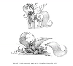 Size: 1280x1158 | Tagged: safe, artist:baron engel, character:fluttershy, clothing, cutie mark, earmuffs, goggles, grayscale, hot chocolate, monochrome, mouse, pencil drawing, scarf, socks, traditional art