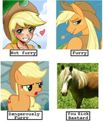 Size: 471x561 | Tagged: safe, artist:johnjoseco, artist:tyelle, edit, edited screencap, screencap, character:applejack, species:anthro, species:earth pony, species:human, species:pony, anthro chart, anthro with ponies, applejack's hat, bedroom eyes, blushing, breasts, busty applejack, chart, clothing, cowboy hat, cropped, dangerously furry, female, freckles, frown, furry, glare, grin, hat, heart, horse, humanized, irl, lidded eyes, lipstick, looking at you, mare, meme, meta, missing accessory, mouth hold, open mouth, photo, reaction image, real, real pony, shirt, smiling, stetson, straw, straw in mouth, text, unamused, you sick bastard