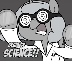 Size: 665x561 | Tagged: safe, artist:egophiliac, edit, character:princess luna, species:pony, moonstuck, cute, doctor woonsano, dr. insano, female, goggles, grayscale, monochrome, science, science woona, solo, woona