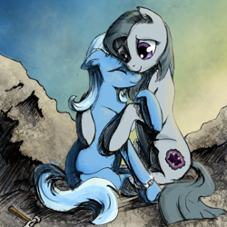 Size: 2000x2000 | Tagged: safe, artist:silfoe, character:marble pie, character:trixie, bracelet, fanfic, female, hammer, hug, lesbian, marbixie, rock farm, shipping