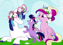 Size: 899x645 | Tagged: safe, artist:egophiliac, character:princess cadance, character:shining armor, character:twilight sparkle, species:alicorn, species:pony, species:unicorn, blank flank, cute, cutedance, female, filly, filly twilight sparkle, floral head wreath, flower, magic, male, profile, shining adorable, telekinesis, twiabetes, younger