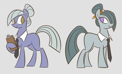 Size: 500x303 | Tagged: safe, artist:egophiliac, character:limestone pie, character:marble pie, species:earth pony, species:pony, clipboard, female, gray background, hoof hold, mare, necktie, older, pencil, raised hoof, simple background, slice of pony life