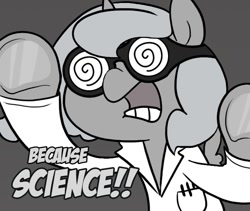 Size: 665x561 | Tagged: safe, artist:egophiliac, edit, character:princess luna, species:pony, moonstuck, cute, doctor woonsano, dr. insano, female, goggles, grayscale, monochrome, science, science woona, simple background, solo, woona