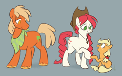 Size: 944x594 | Tagged: safe, artist:egophiliac, character:applejack, species:earth pony, species:pony, g1, g4, apple delight, apple delight family, applejack's parents, bandana, father and daughter, female, filly, g1 to g4, generation leap, gray background, male, mother and daughter, parent, simple background