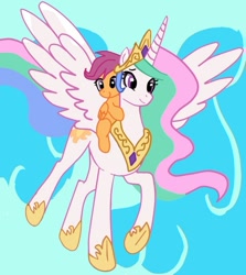 Size: 628x705 | Tagged: safe, artist:brony_1337, artist:johnjoseco, character:princess celestia, character:scootaloo, species:pegasus, species:pony, colored, cute, cutealoo, cutelestia, flying, momlestia, ponies riding ponies, scootalove, spread wings, wings