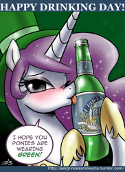 Size: 600x826 | Tagged: safe, artist:johnjoseco, character:princess celestia, species:alicorn, species:pony, ask princess molestia, princess molestia, alcohol, beer, clothing, hat, licking, nose wrinkle, saint patrick's day, top hat