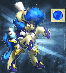 Size: 1000x1105 | Tagged: safe, artist:atryl, character:sapphire shores, species:earth pony, species:pony, clothing, female, hat, hoof shoes, looking at you, mare, rearing, solo