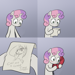 Size: 2000x2000 | Tagged: safe, artist:johnjoseco, character:princess celestia, character:sweetie belle, blushing, call me for a good time, comic, exploitable meme, meme, phone, sweetie's note meme
