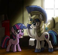 Size: 900x841 | Tagged: safe, artist:johnjoseco, character:shining armor, character:twilight sparkle, species:pony, armor, colt, filly, foal, helmet, male, salute, younger