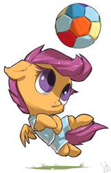 Size: 836x1300 | Tagged: safe, artist:atryl, character:scootaloo, species:pegasus, species:pony, :o, ball, chibi, clothing, cute, cutealoo, ear fluff, female, filly, floppy ears, football, leg fluff, looking at something, looking up, open mouth, simple background, solo, sports, spread wings, white background, wings