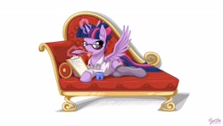 Size: 2560x1440 | Tagged: safe, artist:mysticalpha, character:twilight sparkle, character:twilight sparkle (alicorn), species:alicorn, species:pony, alternate hairstyle, clothing, couch, glasses, quill, stockings, tongue out, wallpaper, writing
