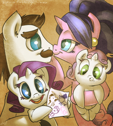 Size: 898x1000 | Tagged: safe, artist:atryl, character:cookie crumbles, character:hondo flanks, character:rarity, character:sweetie belle, species:pony, ship:cookieflanks, baby, baby pony, boop, carrying, cute, diasweetes, drawing, earring, family, filly, foal, moustache, noseboop, nuzzling, raribetes, rarity's parents, shipping, spit bubble