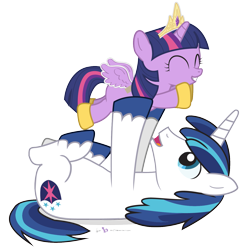 Size: 1375x1375 | Tagged: safe, artist:dm29, character:shining armor, character:twilight sparkle, character:twilight sparkle (alicorn), species:alicorn, species:pony, brother and sister, cute, duo, eyes closed, fake wings, female, filly, grin, holding, male, mare, on back, open mouth, paper wings, shining adorable, simple background, smiling, transparent background, twiabetes, vector