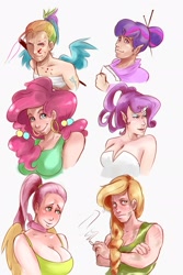 Size: 1280x1920 | Tagged: safe, artist:sundown, character:applejack, character:fluttershy, character:pinkie pie, character:rainbow dash, character:rarity, character:twilight sparkle, alternate hairstyle, blood, blushing, breasts, busty fluttershy, busty pinkie pie, busty rarity, elf ears, female, horned humanization, humanized, mane six, ponytail, scar, smoking, winged humanization