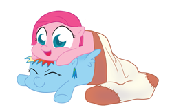 Size: 923x600 | Tagged: safe, artist:egophiliac, artist:syggie, edit, character:pinkamena diane pie, character:pinkie pie, character:rainbow dash, clothing, cute, dashabetes, diapinkes, double sock, eyes closed, filly, open mouth, pony hat, prone, recolor, smiling, sock filly, socks