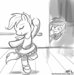 Size: 837x850 | Tagged: safe, artist:johnjoseco, character:rainbow dash, character:scootaloo, species:pegasus, species:pony, ballet, bipedal, clothing, cute, cutealoo, dancing, dress, eyes closed, grayscale, monochrome, shoes, skirt, skirtaloo, tutu