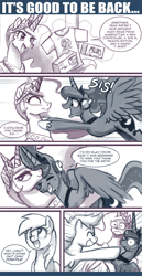 Size: 550x1067 | Tagged: safe, artist:johnjoseco, character:derpy hooves, character:princess celestia, character:princess luna, species:alicorn, species:pony, ask princess molestia, gamer luna, princess molestia, 3ds xl, clothing, comic, controller, crossover, hug, mario, pikachu, pokémon, shirt, t-shirt, wii u