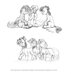 Size: 1221x1280 | Tagged: safe, artist:baron engel, character:apple bloom, character:scootaloo, character:sweetie belle, species:pegasus, species:pony, cutie mark crusaders, monochrome, pencil drawing, traditional art