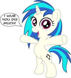 Size: 3000x3302 | Tagged: safe, artist:aleximusprime, artist:firestorm-can, character:dj pon-3, character:vinyl scratch, species:pony, species:unicorn, bipedal, chibi, comic, cute, cutie mark, dawwww, female, filly, foal, hooves, horn, open mouth, simple background, solo, text, transparent background, vector, wub, younger