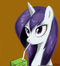 Size: 587x639 | Tagged: safe, artist:johnjoseco, edit, character:rarity, drinking, flutterjuice, juice, juice box, loose hair, straw, wet, wet hairity, wet mane, wet mane rarity