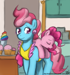 Size: 748x800 | Tagged: safe, artist:deeriojim, artist:johnjoseco, character:cup cake, character:pinkie pie, species:earth pony, species:pony, cute, diapinkes, duo, duo female, female, filly, foal, sleeping