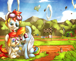 Size: 1500x1200 | Tagged: safe, artist:atryl, character:rainbow dash, oc, oc:summer scorch, species:pegasus, species:pony, cloud, cloudy, colored eyelashes, flying, hoop, hug, medal, rainbow lashes, track, winghug