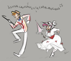 Size: 500x428 | Tagged: safe, artist:egophiliac, character:carrot cake, character:cup cake, cane, clothing, crossover, dancing, disney, dress, grin, hat, humanized, mary poppins, open mouth, skinny, slice of pony life, smiling, supercalifragilisticexpialidocious, umbrella