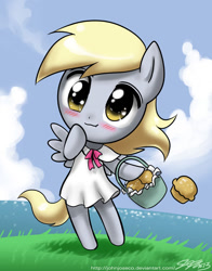 Size: 700x893 | Tagged: safe, artist:johnjoseco, character:derpy hooves, species:pony, :t, anime, basket, bipedal, blushing, clothing, cute, derpabetes, dress, female, grass, looking at you, muffin, semi-anthro, smiling, solo, wavy mouth