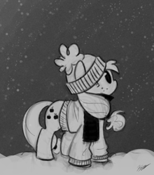 Size: 800x909 | Tagged: safe, artist:egophiliac, character:applejack, clothing, female, hat, monochrome, scarf, solo, winter