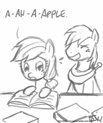 Size: 667x800 | Tagged: safe, artist:johnjoseco, character:applejack, character:big mcintosh, species:earth pony, species:pony, book, filly, foal, grayscale, illiteracy, male, monochrome, reading, stallion
