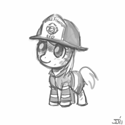 Size: 700x700 | Tagged: safe, artist:johnjoseco, character:dinky hooves, costume, cute, dinkabetes, firefighter, grayscale, monochrome, nightmare night