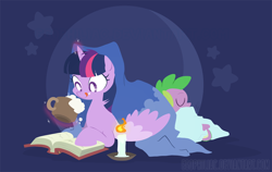 Size: 1200x756 | Tagged: safe, artist:egophiliac, character:spike, character:twilight sparkle, character:twilight sparkle (alicorn), species:alicorn, species:pony, blanket, book, candle, coffee, cup, drink, female, mare, reading, sleeping, tongue out