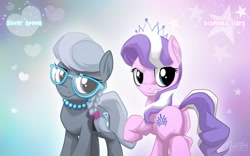 Size: 1680x1050 | Tagged: safe, artist:mysticalpha, character:diamond tiara, character:silver spoon, species:earth pony, species:pony, braid, butt, dock, duo, duo female, female, filly, foal, glasses, jewelry, looking at you, necklace, plot, tiara, wallpaper