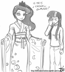 Size: 906x1000 | Tagged: safe, artist:johnjoseco, character:princess luna, character:twilight sparkle, species:human, facepalm, grayscale, humanized, kimono (clothing), monochrome