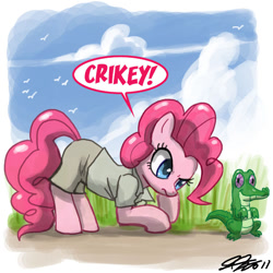Size: 900x900 | Tagged: safe, artist:johnjoseco, character:gummy, character:pinkie pie, crikey, crossover, steve irwin
