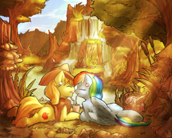 Size: 2000x1600 | Tagged: safe, artist:atryl, character:braeburn, character:rainbow dash, species:earth pony, species:pegasus, species:pony, ship:braedash, colored eyelashes, crepuscular rays, female, jewelry, male, picnic, rainbow lashes, scenery, shipping, straight, waterfall