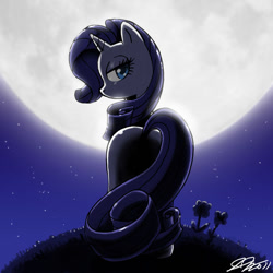 Size: 900x900 | Tagged: safe, artist:johnjoseco, character:rarity, clothing, dress, female, looking at you, looking back, moon, night, plot, solo