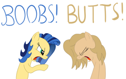 Size: 1932x1217 | Tagged: safe, artist:99, artist:slavedemorto, oc, oc only, oc:backy, oc:milky way, species:pony, argument, breasts, butts, duo, duo female, female, mare, tumblr, why not both