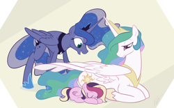 Size: 1100x681 | Tagged: safe, artist:egophiliac, character:princess cadance, character:princess celestia, character:princess luna, species:alicorn, species:pony, alicorn triarchy, ethereal mane, eyes closed, female, filly, filly cadance, foal, galaxy mane, hoof shoes, mare, momlestia, open mouth, prone, royal sisters, siblings, sisters, sleeping, smiling, spread wings, trio, wings, younger