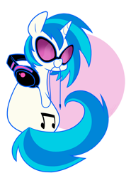 Size: 600x810 | Tagged: safe, artist:egophiliac, character:dj pon-3, character:vinyl scratch, species:pony, species:unicorn, abstract background, cable, female, headphones, looking back, mouth hold, smiling, solo