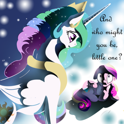 Size: 4096x4096 | Tagged: safe, artist:silfoe, character:princess cadance, character:princess celestia, species:alicorn, species:pony, my little pony chapter books, absurd resolution, duo, female, filly, mare, pegasus cadance, princess celestia's special princess making dimension, scene interpretation, stars, twilight sparkle and the crystal heart spell, void, younger