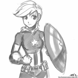 Size: 850x850 | Tagged: safe, artist:johnjoseco, character:applejack, species:human, captain america, cosplay, costume, female, grayscale, humanized, monochrome, solo