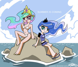 Size: 1000x860 | Tagged: safe, artist:johnjoseco, character:princess celestia, character:princess luna, species:human, bikini, clothing, cloud, female, humanized, looking at you, open mouth, panty and stocking with garterbelt, sandals, skinny, sky, smiling, style emulation, swimsuit, water