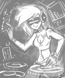 Size: 500x600 | Tagged: safe, artist:johnjoseco, character:dj pon-3, character:vinyl scratch, species:human, female, grayscale, humanized, monochrome, solo