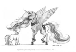 Size: 1024x706 | Tagged: safe, artist:baron engel, character:apple bloom, character:princess luna, monochrome, pencil drawing, traditional art