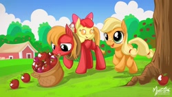 Size: 2560x1440 | Tagged: safe, artist:mysticalpha, character:apple bloom, character:applejack, character:big mcintosh, species:pony, apple siblings, baby, baby apple bloom, baby pony, colt, filly, foal, male, wallpaper