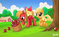 Size: 2560x1600 | Tagged: safe, artist:mysticalpha, character:apple bloom, character:applejack, character:big mcintosh, species:pony, apple siblings, baby, baby apple bloom, baby pony, colt, filly, foal, male, wallpaper